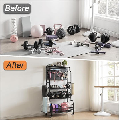 63'' Taller Home Gym Storage, Large Yoga Mat Storage with Hanging Board, Exercise Workout Equipment Storage for Home Gym, All-in-One Dumbbell, Kettlebell, Resistance Band Rack with Wheels and Hooks