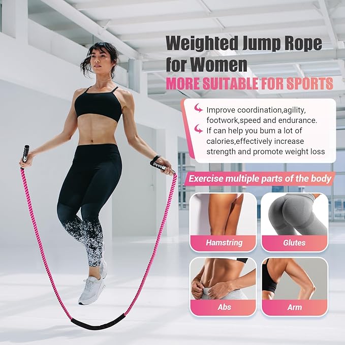 Weighted Jump Rope for Women, 1.25LB Heavy Skipping Rope for Exercise with Training Poster, 9.2FT Weight Fitness Jump Rope for Improve Strength, Building Muscle & Total Body Workout Equipment