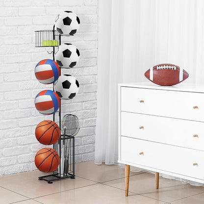 Basketball Ball Storage Rack 7 Tier Standing Basketball Holder Vertical Garage Ball Storage Ball Sports Equipment Storage Organizer with Baskets and Hooks for Volleyball Football Badminton, Black