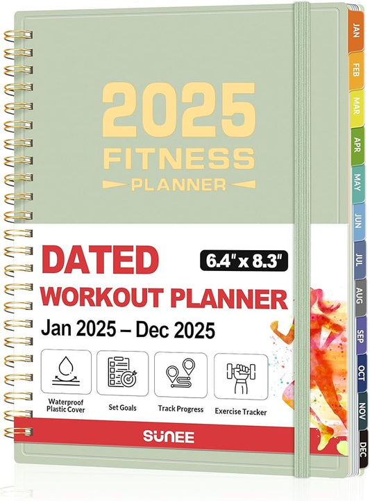 2025 Fitness Workout Journal Planner for Women & Men, from JAN 2025 - DEC 2025 Exercise Planner, 6.4" x 8.3" Fitness Tracker Journal Essentials for Goals, Tracking, Gifts with PVC Plastic Cover, Green