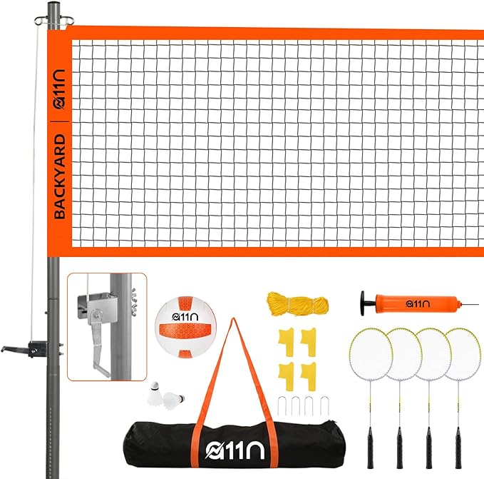 A11N Outdoor Volleyball and Badminton Combo Set - Includes Adjustable Height Anti-Sag Net, Volleyball, Air Pump, 4 Badminton Rackets, 2 Shuttlecocks, Boundary Line Marker, and Carrying Bag