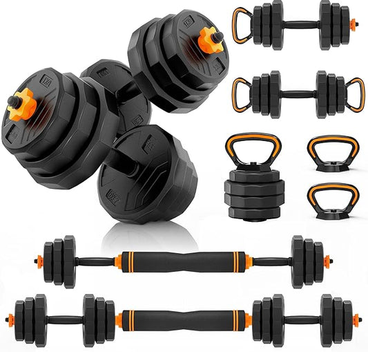 HTK Adjustable Weight Dumbbell Set - 4 in 1 Free Weight Set with Connector - Dumbbells, Barbells, Kettlebells, Push-Up Bars for Full Body Workout and Muscle Toning