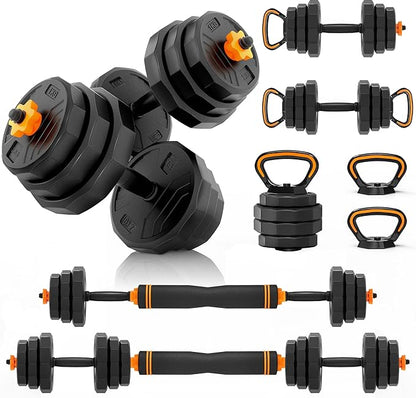 HTK Adjustable Weight Dumbbell Set - 4 in 1 Free Weight Set with Connector - Dumbbells, Barbells, Kettlebells, Push-Up Bars for Full Body Workout and Muscle Toning