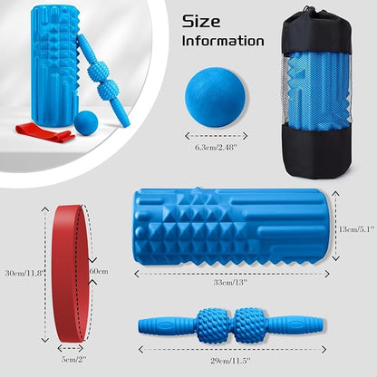 5-in-1 Foam Roller Set, Massage Roller Stick, Massage Ball, Resistance Band for Deep Muscle Massage, Trigger Point Release, Pilates, Yoga (Blue)