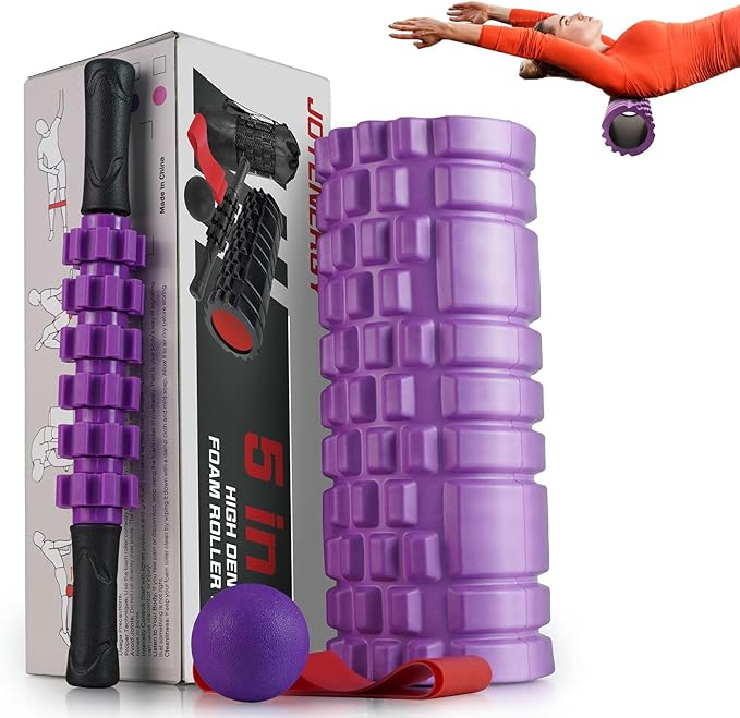 5 in 1 Foam Roller Set, Trigger Point Foam Roller Patented, Massage Roller Stick, Massage Ball, Stretching Strap for Deep Tissue Massager for Muscle Pilates Yoga Whole Body