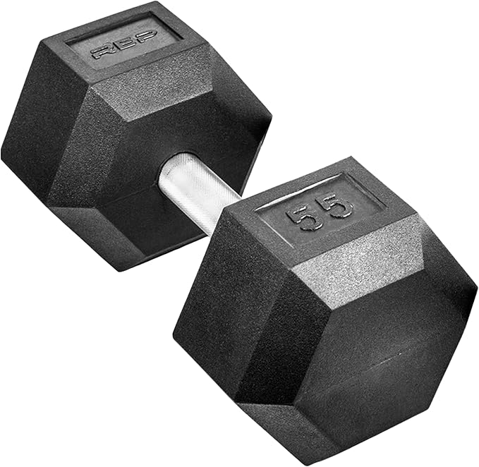 Rep Fitness Rubber Hex Dumbbell(s) - Singles (55LB +) and Pairs (5LB - 50LB) - Low Odor, Fully Knurled Handle