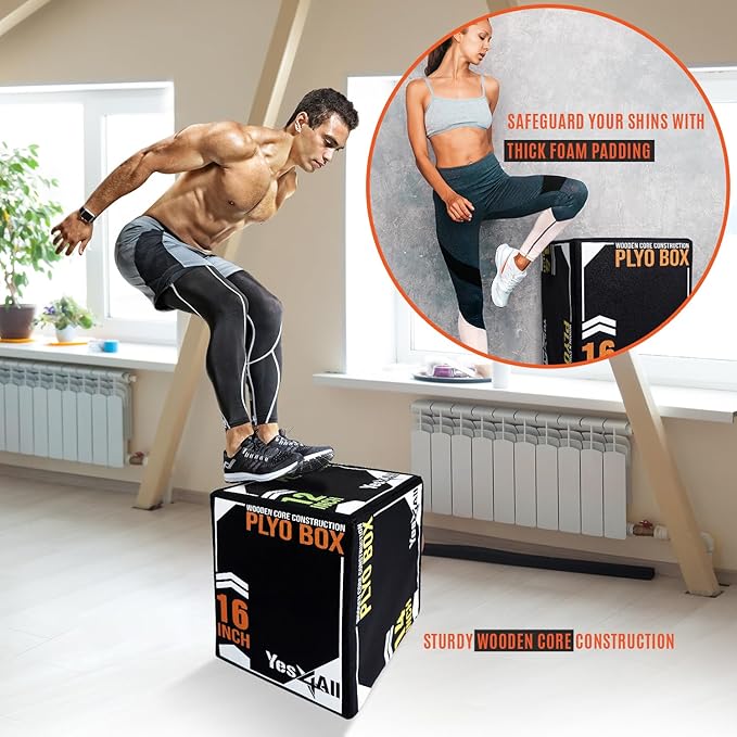 Yes4All 3-in-1 Soft-Padded Plyo Box With Wooden Core, Non-Slip Multi-Use Cushioned Plyometric Jump Box for Jumping, Conditioning, Strength Training