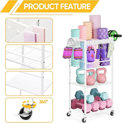 Home Gym Storage Rack, Heavy Duty Yoga Mat Holder Workout Equipment Storage Organizer Weight Rack with Hooks & Wheels for Dumbbells Kettlebells Dumbbell Yoga Block Foam Rollers Yoga Strap Resistance Bands, Fitness Exercise Equipment