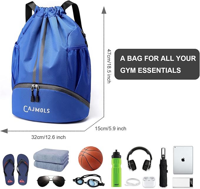 Drawstring Backpack with Ball Compartment Water Resistant Sport Equipment Bag for Soccer Volleyball Baseball Softball Football Yoga Swimming (Q-Blue)