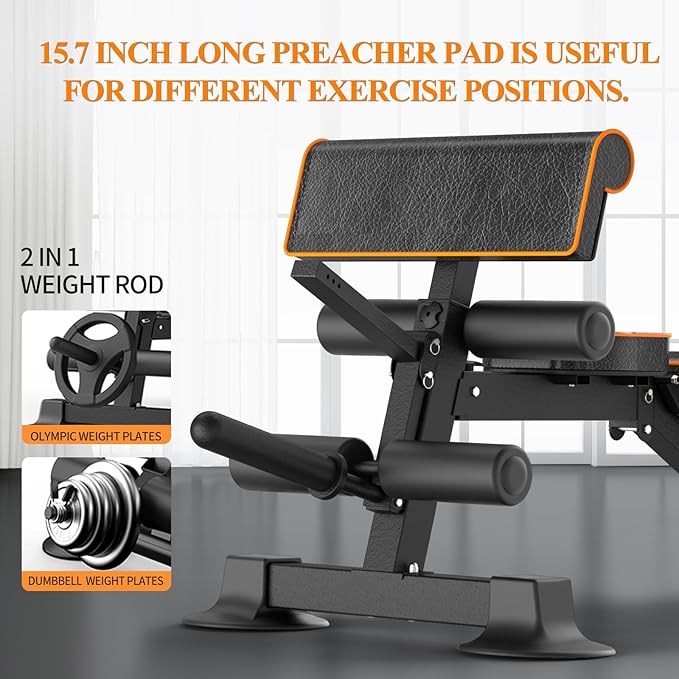 Adjustable Weight Bench, Multi-function Preacher Curl Bench for Home Gym, Foldable Leg Extension and Leg Curl Machine, weight capacity 660LBS.