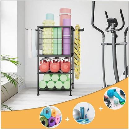 Weight Rack for Home Gym, Workout Equipment Storage Organizer, Home Gym Yoga Mat Storage Rack, Weight Storage Racks with Hooks, Yoga Mat Holder with Wheels for Yoga Block, Dumbbell, Resistance Band