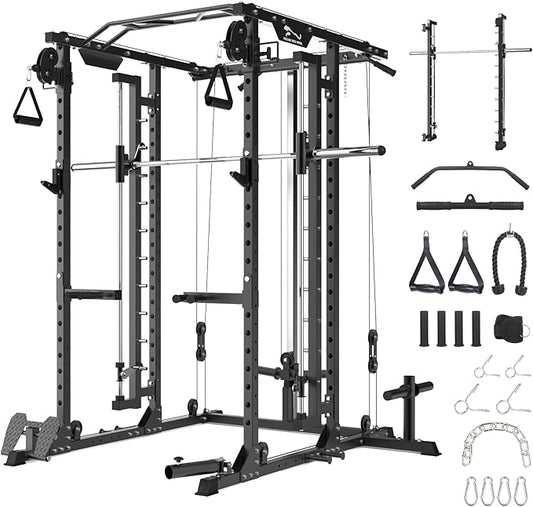 Power Cage with SmithBar, 2000 Lbs Power Rack with Cable Cross-Over System, Multi-Functional Strength Training Squat Rack with LAT Pull Down System, Weight Cage Home Gym Equipment