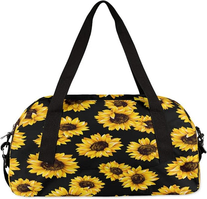 Summer Floral Sunflower Black Gym Bag for Women Men, Small Travel Duffel Bag for Sports Getaway Overnight Bag Lightweight Weekender Bags Workout Bag Dance Bag for Boys Girls Kids Teens