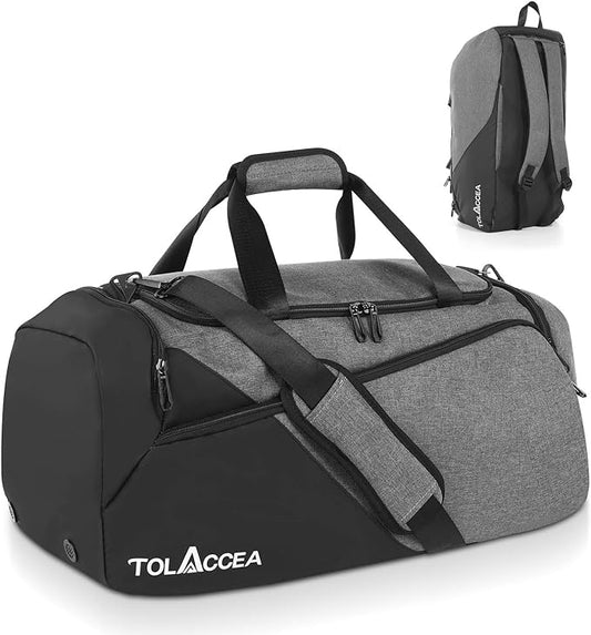 Tolaccea Gym Bag for Men Women, Large Sport Duffel Bag with Shoe Compartment Wet Compartment, Travel Duffel Bag Backpack, Weekend Bag Carry On Backpack for Gym, Travel, Fitness, Workout (Grey, 47L)