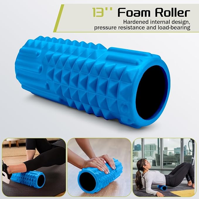 5-in-1 Foam Roller Set, Massage Roller Stick, Massage Ball, Resistance Band for Deep Muscle Massage, Trigger Point Release, Pilates, Yoga (Blue)