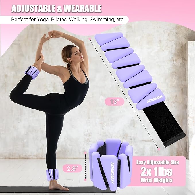 Wrist Ankle Weights Bangles 2lb for Women, Adjustable Silicone Pilates Weights Bracelet, Heavy Duty Fasteners Wearable Arm & Leg Weights for Yoga, Pilates, Barre, Walking and Gym (Set of 2)