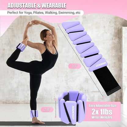 Wrist Ankle Weights Bangles 2lb for Women, Adjustable Silicone Pilates Weights Bracelet, Heavy Duty Fasteners Wearable Arm & Leg Weights for Yoga, Pilates, Barre, Walking and Gym (Set of 2)