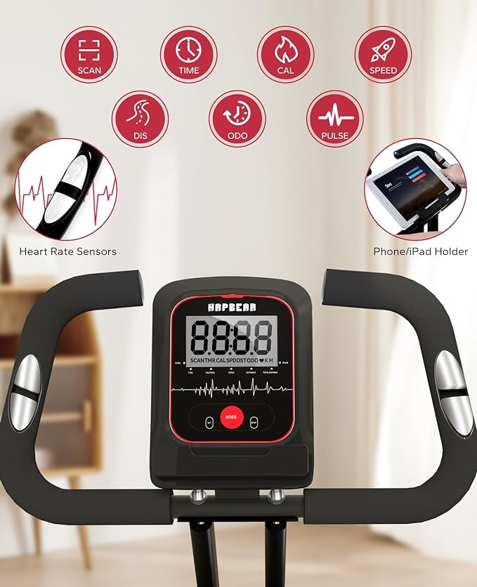 HAPBEAR Folding Exercise Bike Magnetic Foldable Stationary Bike, 3 in 1 Mode Indoor Upright Fitness Workout X-Bike with 8-Level Resistance and Arm Resistance Band, Pulse Sensor,LCD Monitor