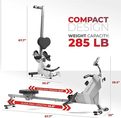 Sunny Health & Fitness Compact Folding Magnetic Rowing Machine with 43 Inch Slide Rail, 285 LB Max Weight, Synergy Power Motion, LCD Digital Monitor, Super Quiet & Smooth, and Ergonomic Foot Pedals