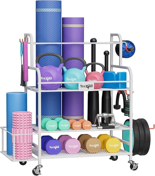 Yes4All All-in-1 Home Gym Storage Rack, Exercise Equipment Organizer - Yoga Mat, Foam Roller, Dumbbells Kettlebells and Weight Rack for Home Gym, Workout Organization Cart with Hooks and Casters