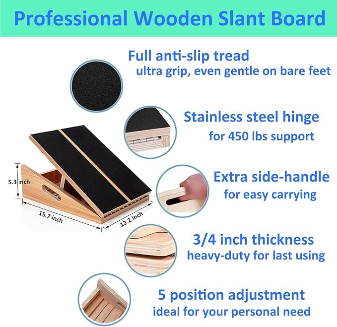 Slant Board for Calf Stretching Squats Calf Stretcher Incline Stretch Adjustable Wooden Wedge Footrest Professional for Knees Ankle Heel Feet Leg