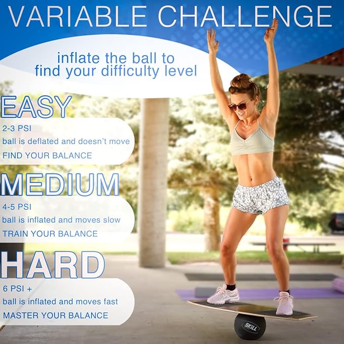 The Skill Board Beginner to Pro - Wooden Balance Board for Adults Bundle - Incl. Balance Trainer for All Sports, Gym, Standing Desk, or Yard Games, 2x Fitness Balls, Ball Pump and more