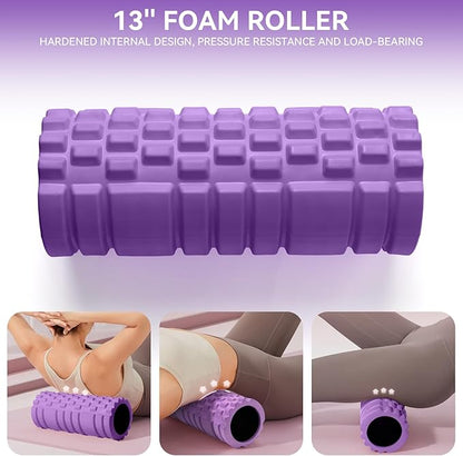 5 in1 Foam Roller Set, High Density Deep Tissue Massager for Muscle Massage, Massage Roller, Massage Ball, Resistance Band for Whole Body Physical Therapy Deep Muscle Massage (Purple)