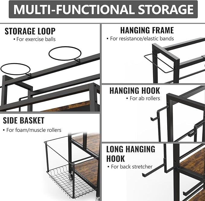 Home Gym Storage, 4 Tier Large Capacity Rack for Dumbbells Kettlebells Foam Roller, Yoga Mat Strap and Resistance Bands, Exercise/Workout Equipment Storage Gym Organizer With Hooks and Wheels