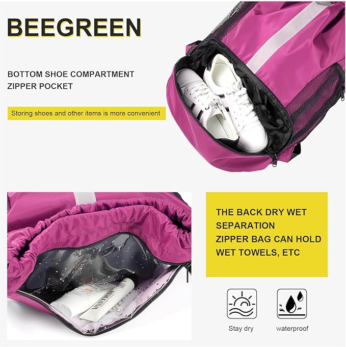 BeeGreen Drawstring Backpack Sports Gym Bag With Shoe Compartment and Two Water Bottle Holder …