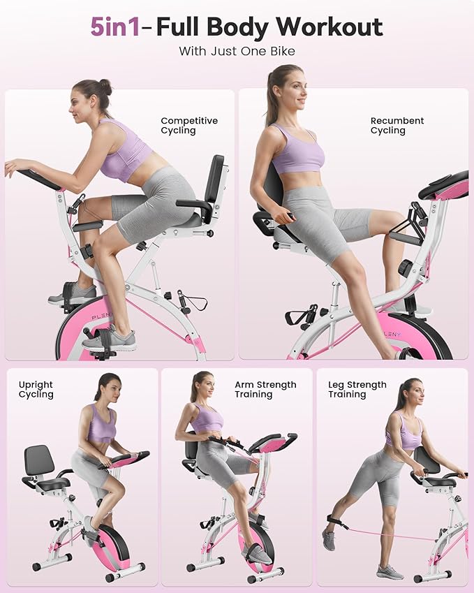 Folding Exercise Bike, Indoor Stationary Bike 16-Level Magnetic Resistance with Arm Resistance Band, Back Support Cushion Workout Bike for Home Workout Gym