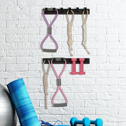 MyGift Black Metal Gym Equipment Rack, Wall Mounted Exercise and Fitness Accessories Organizer Hanging Rack with 6 Hooks for Resistance Bands, Jump Ropes, and Weight Belts