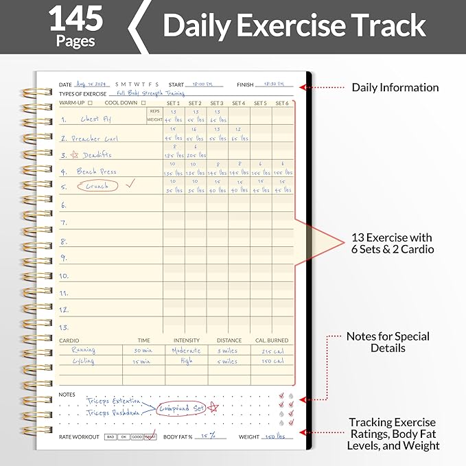 Fitness Journal Workout Planner for Men & Women, A5(6.4" x 8.3") Workout Journal Log Book Planner for Track Gym Essentials, Home Workouts, Track Progress, Achieve Goals, Black