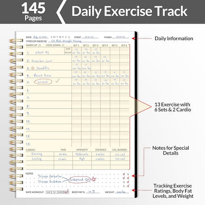 Fitness Journal Workout Planner for Men & Women, A5(6.4" x 8.3") Workout Journal Log Book Planner for Track Gym Essentials, Home Workouts, Track Progress, Achieve Goals, Black