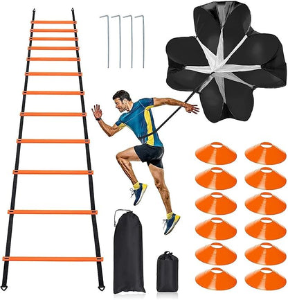 Pro Speed & Agility Training Set—Includes 12 Rung 20ft Adjustable 12 Disc 4 Steel 1 Resistance