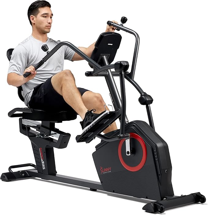 Sunny Health & Fitness Elite Recumbent Cross Trainer & Elliptical Machine with Arm Exercisers, Easy Adjust Seat, with Exclusive SunnyFit® App Enhanced Connectivity