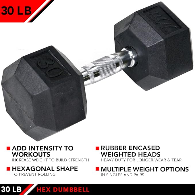 JFIT Rubber Hex Dumbbell - 15 Size, Single and Pair Options, 4-50lbs - Shaped Heads Prevent Rolling and Injury - Ergonomic Hand Weights for Exercise, Therapy, Muscle, Strength and Weight Training