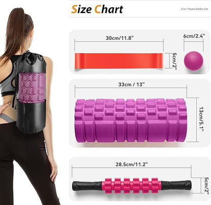 5 in 1 Foam Roller Set for Deep Tissue Muscle Massage, Trigger Point Fitness Patented Exercise Foam Roller, Massage Roller, Massage Ball, Stretching Strap, for Whole Body (Pink-Black)