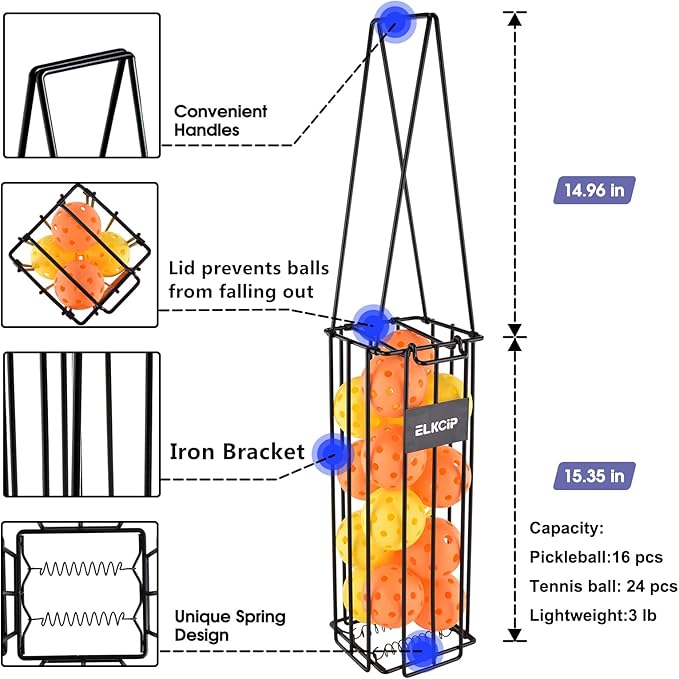 Portable Pickleball & Tennis Ball Collector - Pickleball Retriever Basket Carrier Gatherer Picker Hopper Container for Picking and Storage Training Tool for Ball