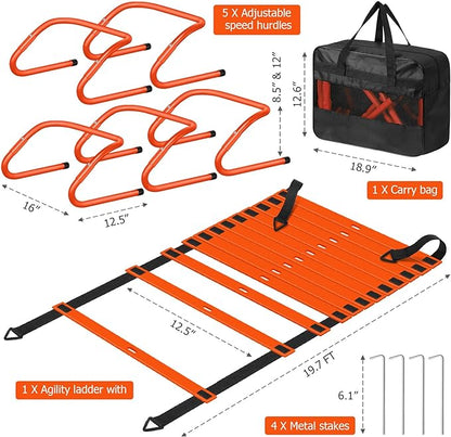 Speed and Agility Training Equipment: 5 Adjustable Agility Hurdles. 20ft Agility Ladder, Soccer Training Equipment Set for Kids Youth Adults