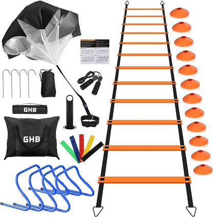 GHB Agility Ladder,Football Training Equipment Set,4 Agility Hurdles, 20 feet12 Rungs Speed Ladder,12 Disc Cones,Resistance Parachute, Jump Rope, 4 Resistance Bands