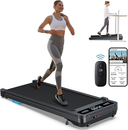 Incline Under Desk Walking Pad: Voice Controlled Smart Standing Treadmill Works with KINOMAP WELLFIT APP for Home Office - 300 Lbs Capacity Quiet Treadmills with LED Screen Remote Control