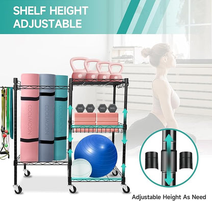 COOLMOON Home Gym Storage Rack, Yoga Mat Storage Rack, Gym Equipment Storage for Yoga Mats, Foam Roller, Dumbbells, Kettlebells and Resistance Bands, Workout Equipment Organizer with Wheels