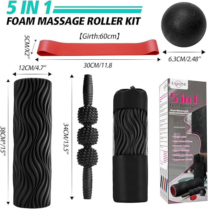 5 in 1 Foam Roller Set Muscle Massage Foam Ripple Roller for Deep Tissue Massage of The Back and Leg Muscles, Relieves Muscle Pain & Tightness, Improves Mobility (Black)