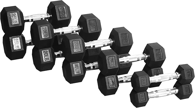 Signature Fitness Premium Rubber Coated Hex Dumbbell Weight Set, Multiple Packages