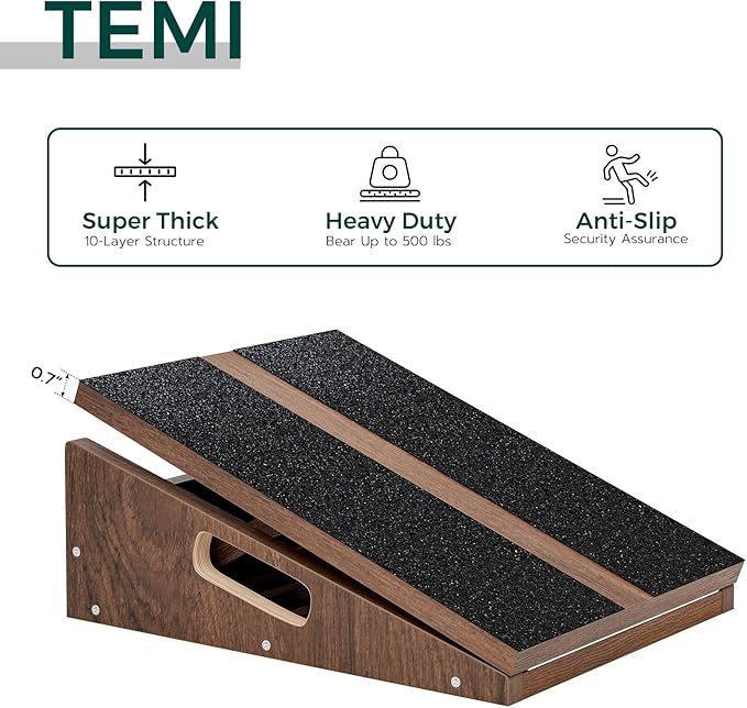 TEMI Calf Stretcher Slant Board - Professional Incline Board for Calf Stretching Heavy Duty, Adjustable Wooden Stretch Wedge Board for Foot Ankle and Calf Stretching Exercise Teak Finished