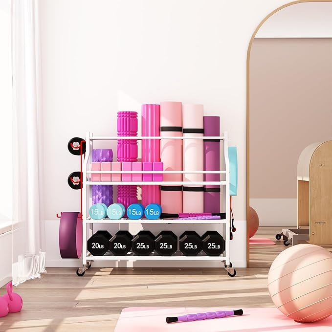 VILAWLENCE Yoga Mat Storage Rack Cart,Home Gym Multifunctional Removable Rack for Dumbbells Kettlebells Rope,Large Capacity Organizer Storage Cart for Home Exercise Equipment