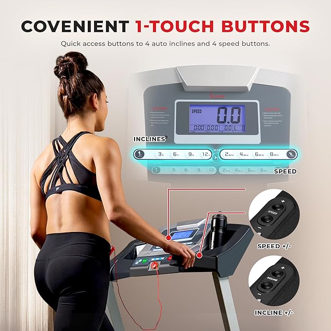 Sunny Health & Fitness Premium Treadmill with Auto Incline, Dedicated Speed Buttons, Double Deck Technology, Digital Performance Display, BMI Calculator & Pulse Sensors with Optional SunnyFit App