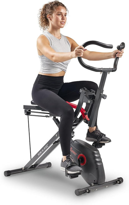 Sunny Health & Fitness Upright Bike + Row-N-Ride Dual Function Home Rower Squat Machine & Stationary Cycling Full Body Combo Cardio Ab Machine for Stomach Workout Fitness Machine - SF-A022077