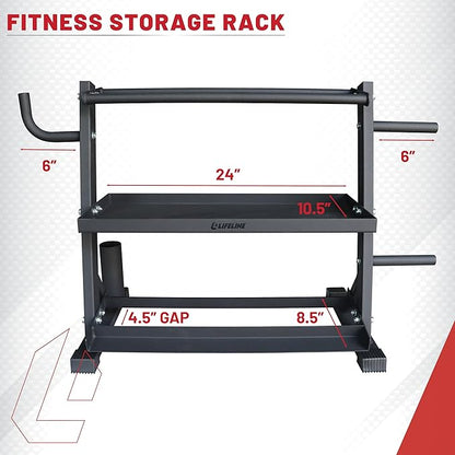 Lifeline Fitness Home Gym 3-Shelf Dumbbell and Kettlebell Storage Rack with Rope and Band Hook - Holds up to 440 LBS - Robust Gym Equipment Storage Solution