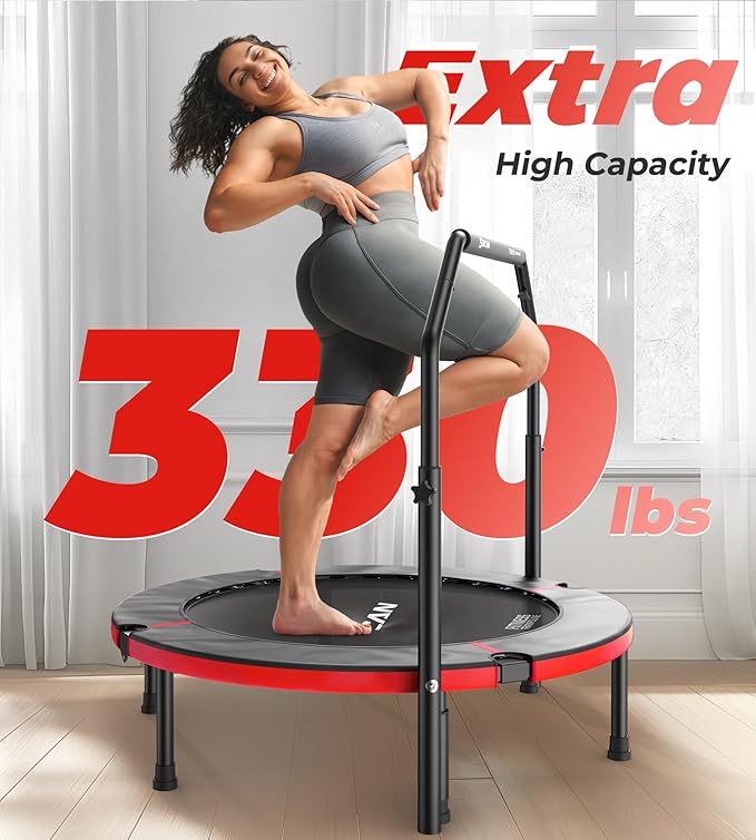 BCAN 40"/48" Foldable Mini Trampoline, Rebounder Trampoline for Adults, U/T Shape Adjustable Foam Handle, Exercise Rebounder for Kids Adults Indoor/Garden Workout, Max Load 330lbs/440lbs